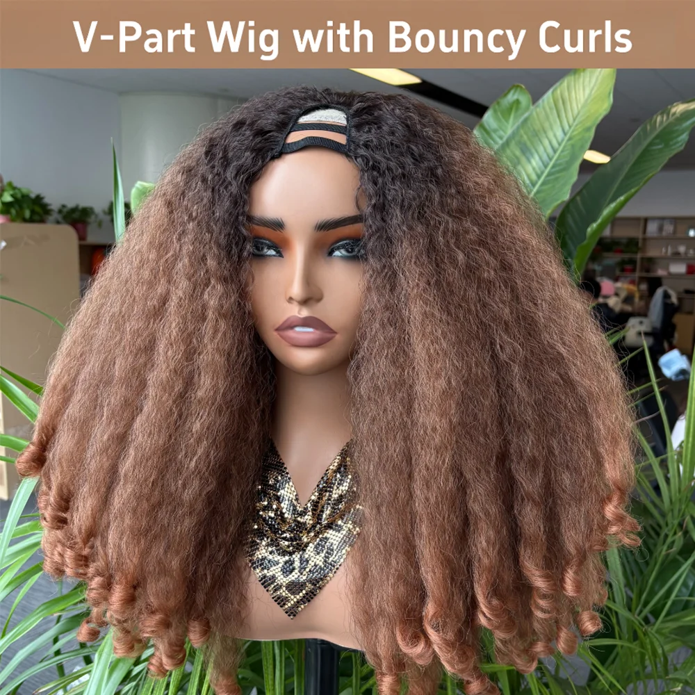

X-TRESS Synthetic Kinky Straight Hair V Part Wig with Bouncy Curls Afro Curly for Women No Leave out Clip in Half Wig Daily