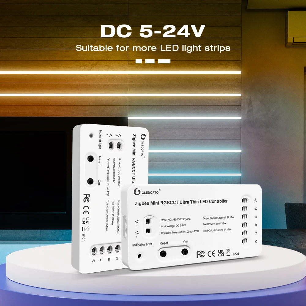 Gledopto Zigbee 3.0 DC5-24V 스마트 미니 5 in 1 LED 스트립 컨트롤러 RGBCCT Alexa Tuya APP/음성 RF 원격 제어