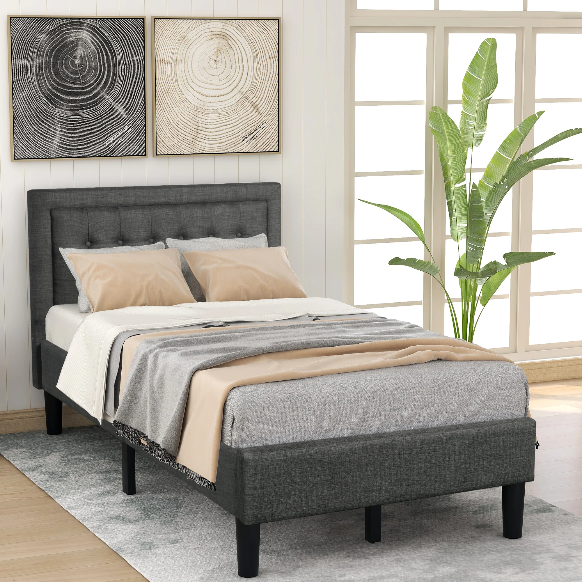 [Flash Sale]Twin Upholstered Button-Tufted Platform Bed with Strong Wood Slat Support Gray[US-W]