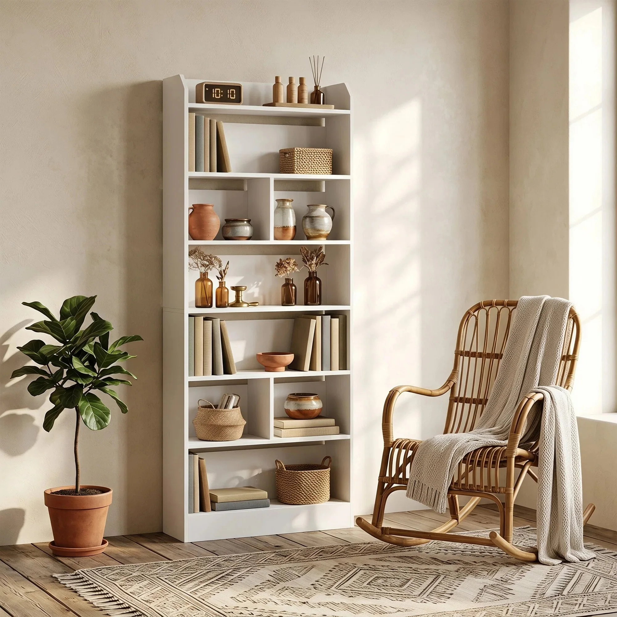 Libreria da terra a 7 ripiani, regolabile, dimensioni 24,5 × 60,5 × 199,7 cm, libreria in pannelli di particelle di legno bianca opaca, ripiani regolabili in 8 posizioni, dotata di dispositivo