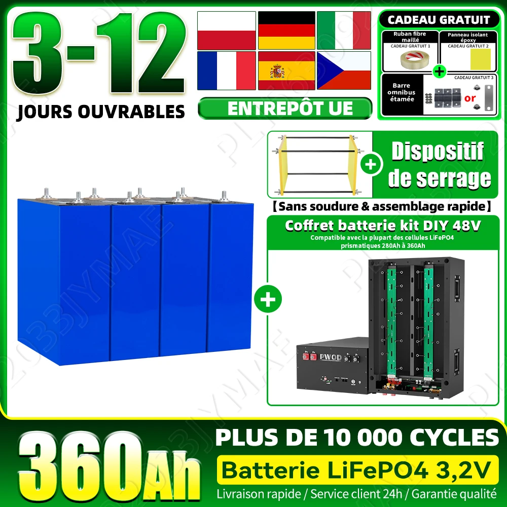 Batterie LiFePO4 Grade A 3.2V 360Ah, cellule rechargeable au phosphate de fer et de lithium de haute qualité, supportant 10000 cycles profonds, pour systèmes DIY 12V 24V 48V, camping-car, yacht, énergie domestique, système solaire hors réseau, stock UE.