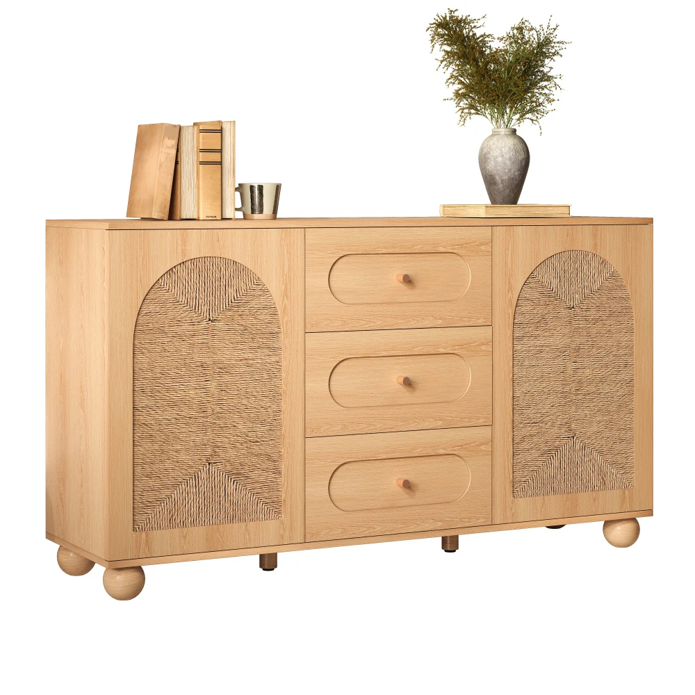 Seitenschrank mit Türblättern aus geflochtenem Seil, 140 × 40 × 80 cm, Kommode mit zwei Türen und drei Schubladen, kugelförmige Füße aus Kiefernholz, MDF, naturbelassene Holzfarbe