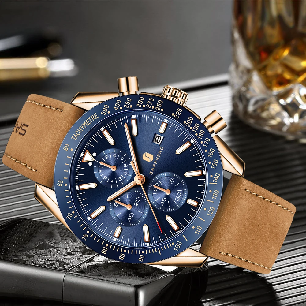 SAPPHERO Men's Quartz Chronograph Watch with Date Display Blue Dial 5ATM Water Resistant Sport Casual Luxury Wristwatch