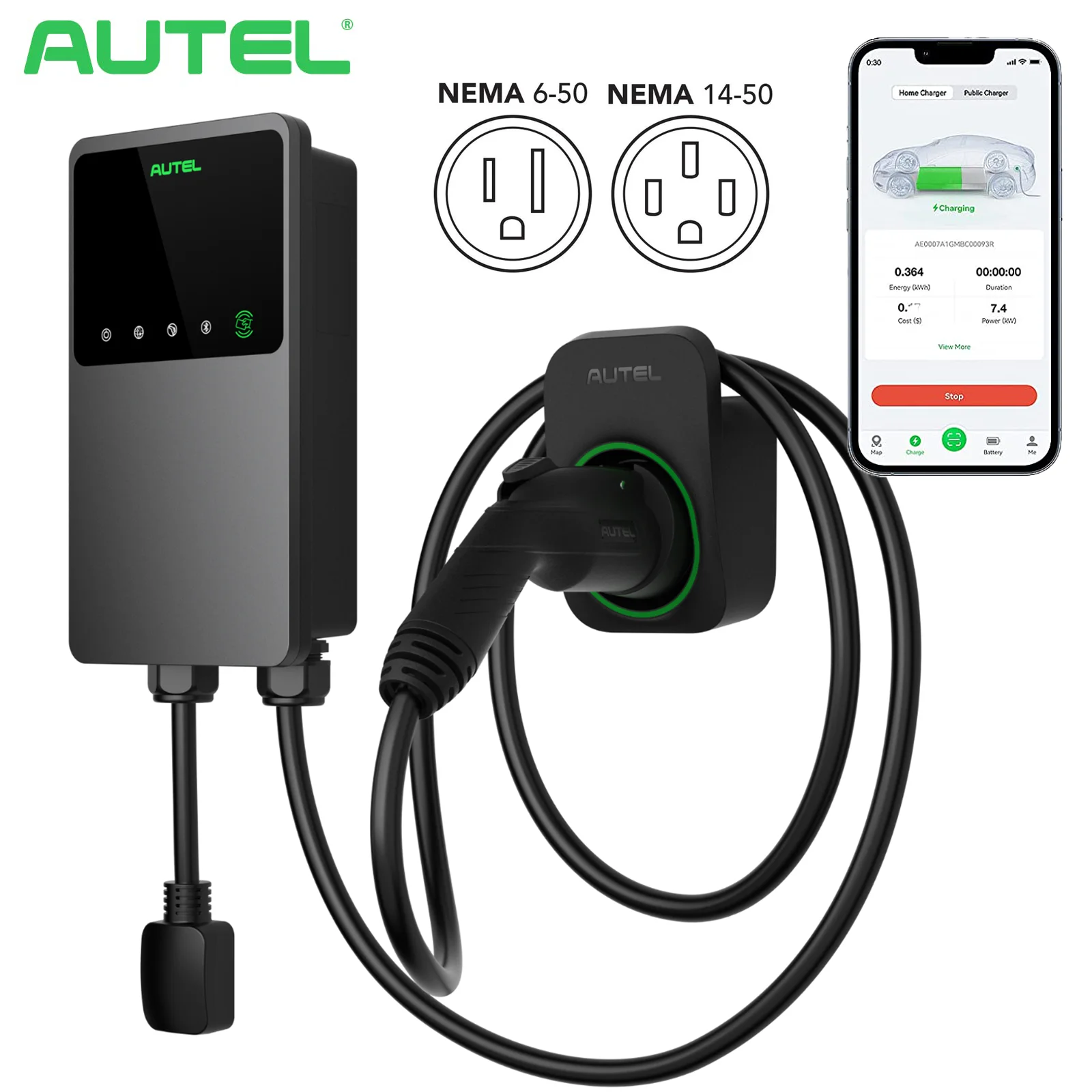 

Autel 9.6KW Smart APP Contorl Level 2 40A 240V EVSE 25ft Cable EV Charger Type 1 Home Wallbox Electric Vehicle Charging Station