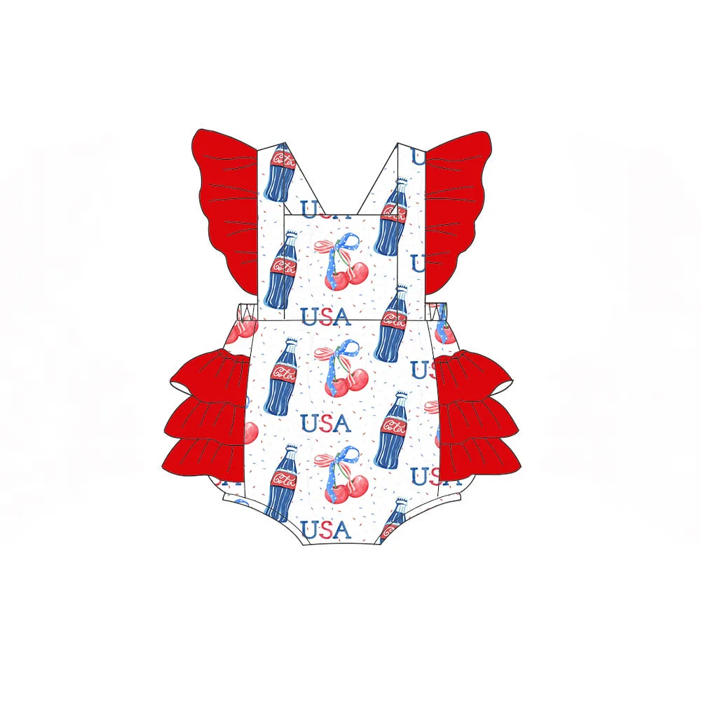 Boutique Children's Romper Featuring Ruffled Straps and Frills Adorned with 4th July Star-and-Flag Print Suitable Kid All Ages