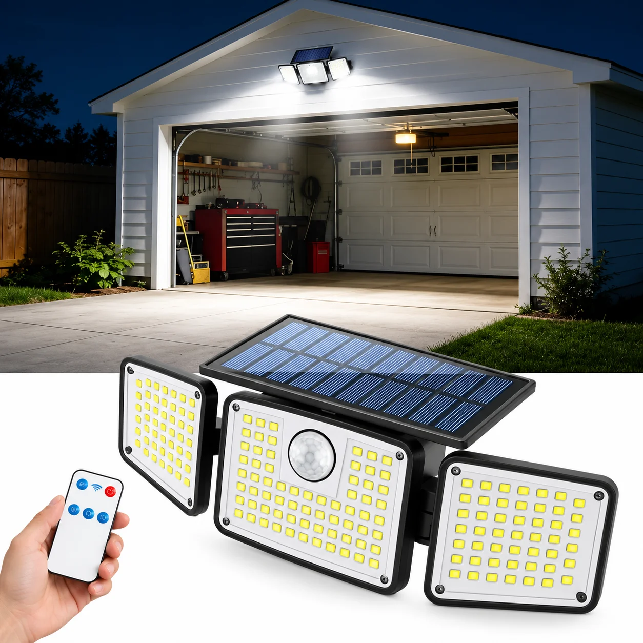 1/2PCS Outdoor Solar Motion Sensor Lights, 3 Adjustable Head LED Security Wall Lights, IP65 Waterproof, 3 Lighting Modes, 120° Wide Angle, with or without Remote Control for Garage, Garden, Yard, Patio, Porch & Driveway