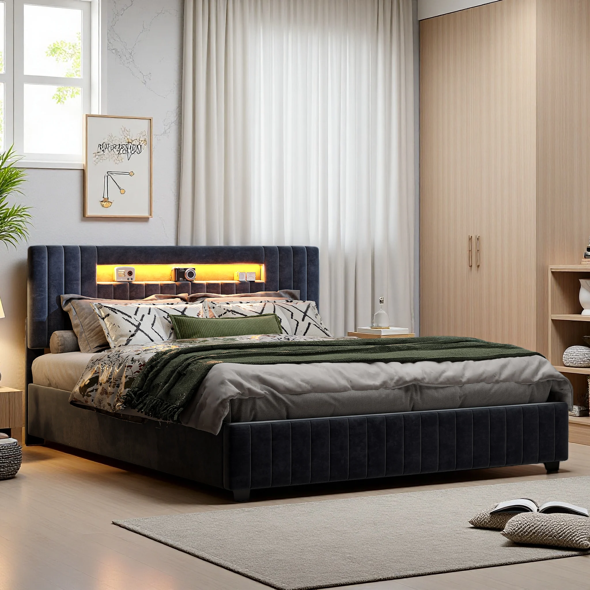 Letto matrimoniale moderno con contenitore a gas, struttura in legno robusta, testiera rivestita in velluto grigio, struttura del letto senza materasso.