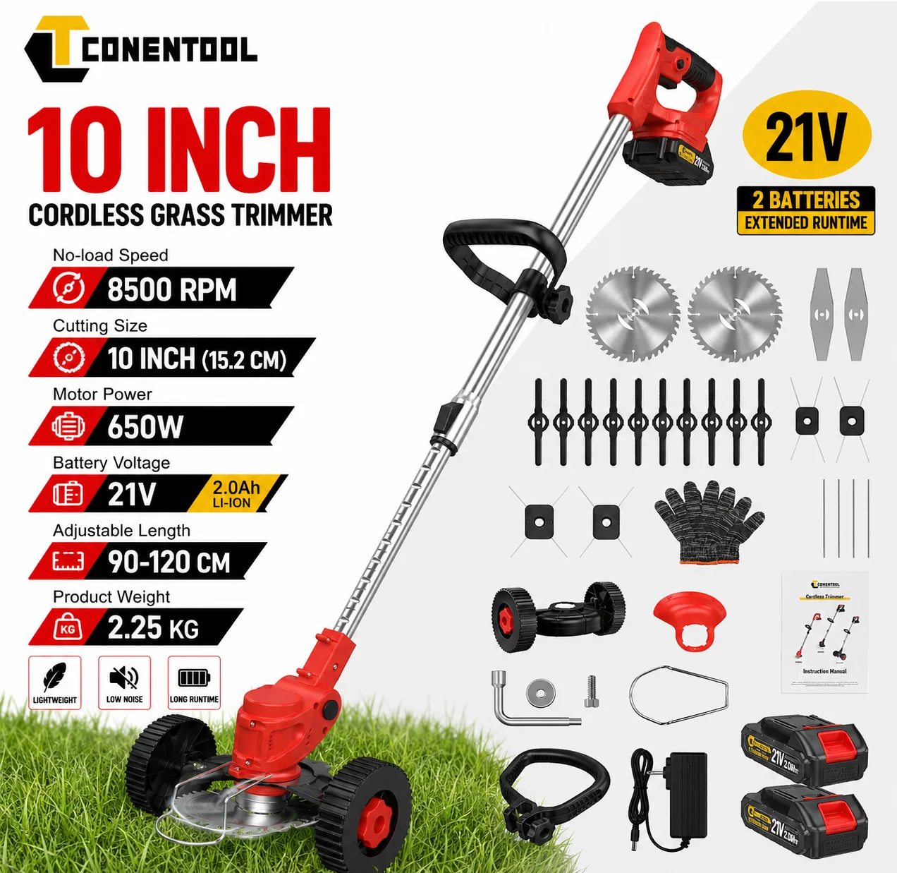 Débroussailleuse sans fil Conentool 21V, coupe-herbe électrique 650W avec 5 lames de coupe, interface batterie Makita, perche télescopique, roue de support pour la coupe des bords de pelouse et de