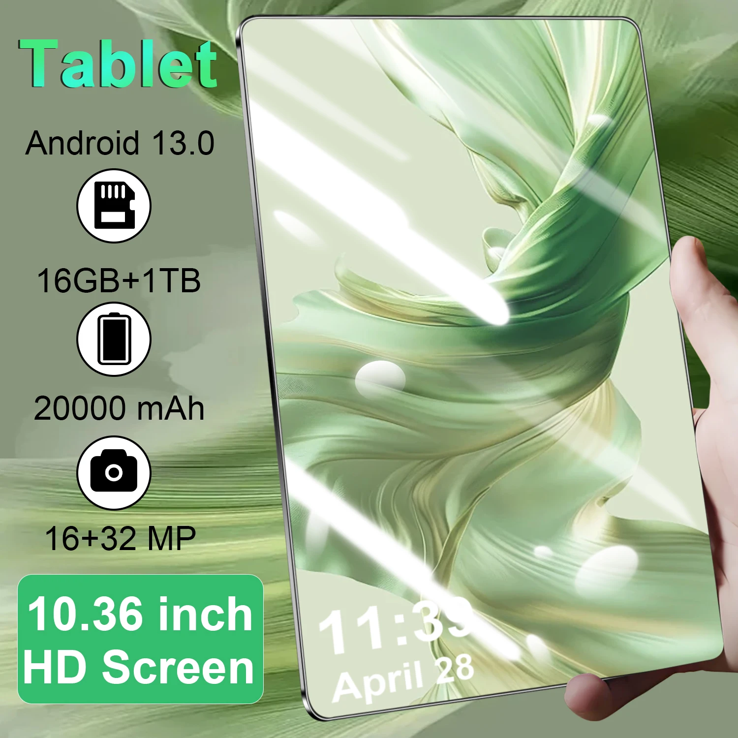 Household All‑Purpose 10.36 Inch Android 13 Tablet, 14‑Core Rapid Response Processor, 16GB RAM 1TB Storage, 20000mAh Long‑Life Battery, 5G Dual‑SIM & WiFi, 16MP+32MP Dual HD Cameras For Study Media And Daily Outdoor Use