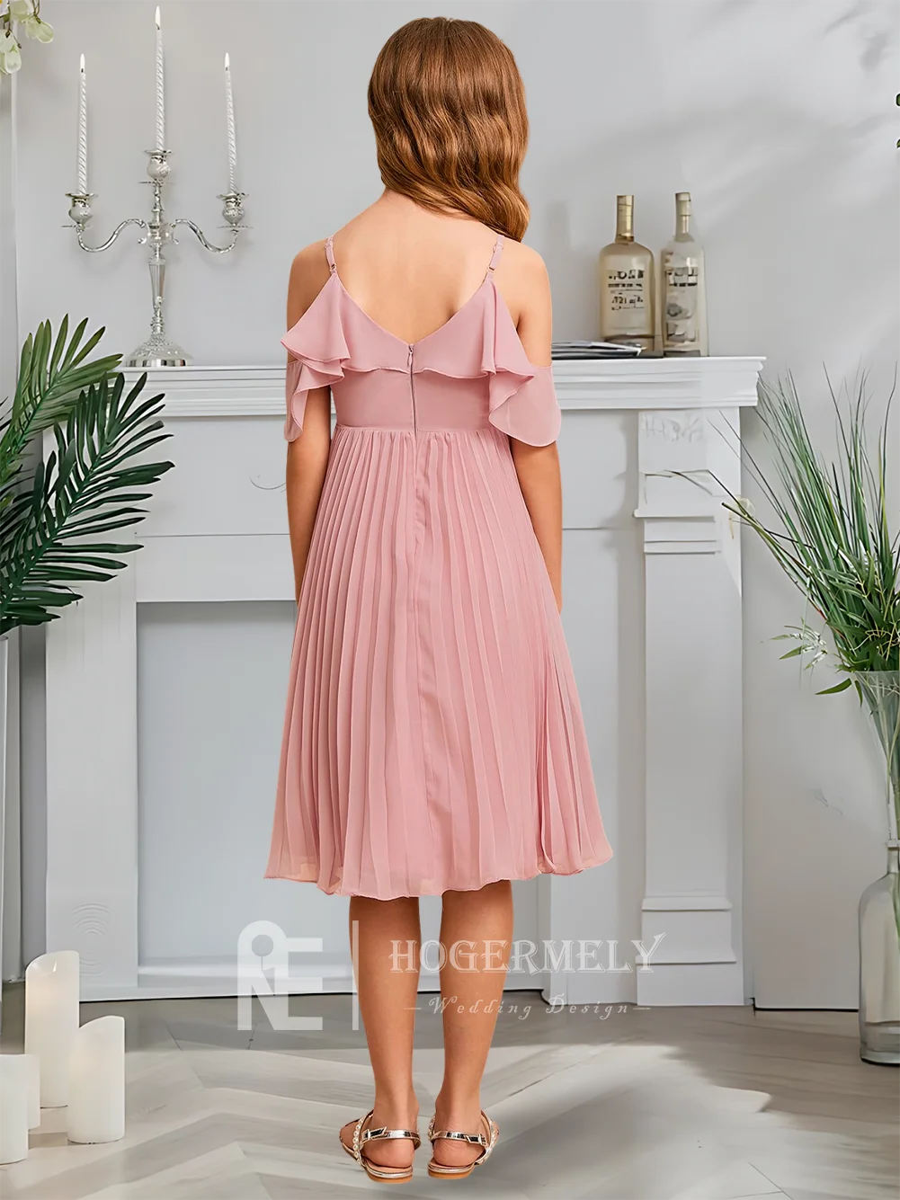 

A Cold Shoulder Junior Bridesmaid Dress Twilight Blush Flower Girl Dress A-Line Chiffon Knee-Length Garden Gala Wedding Party