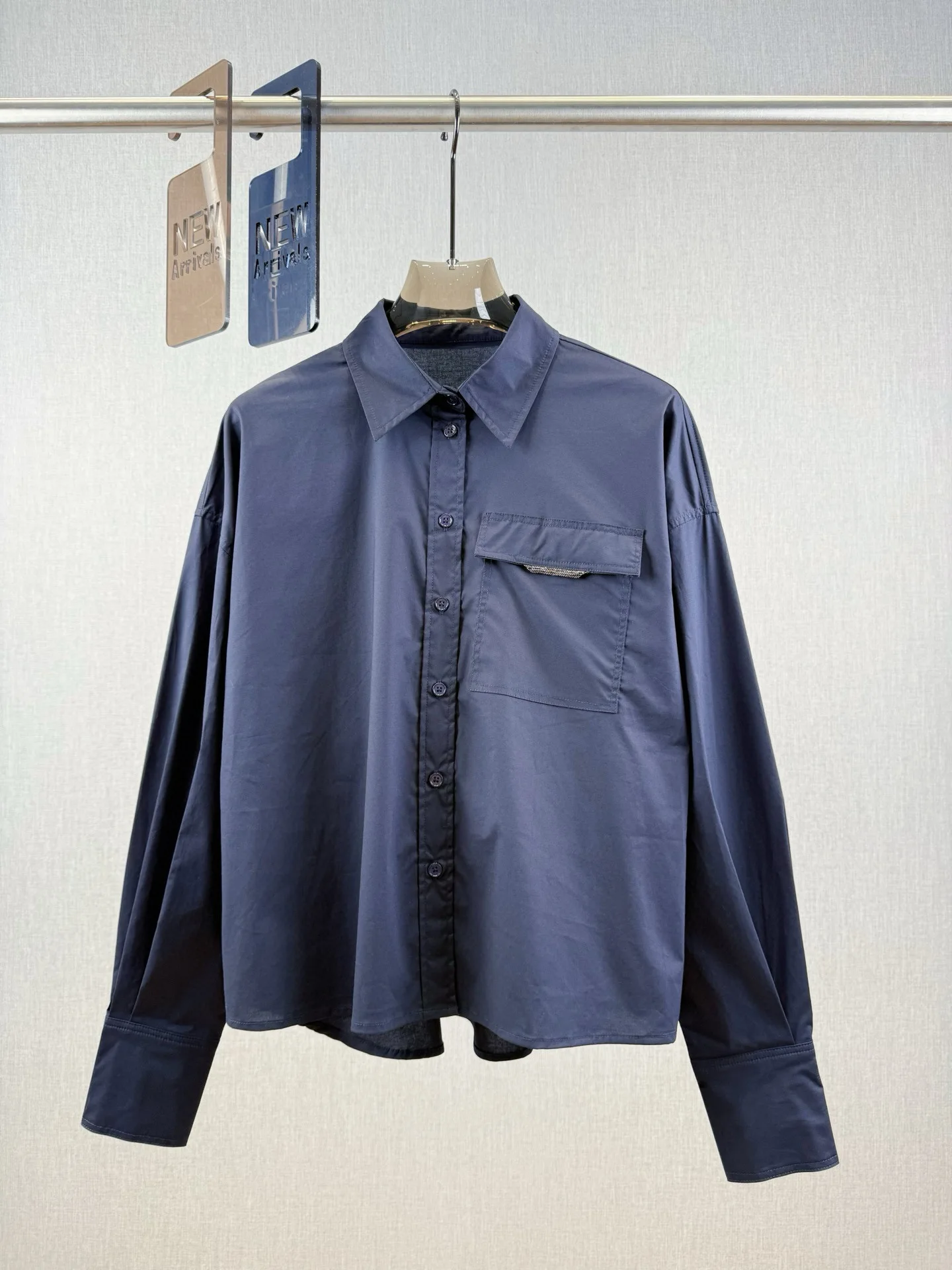 

Casual fashionable women's blue pure cotton long sleeve shirt