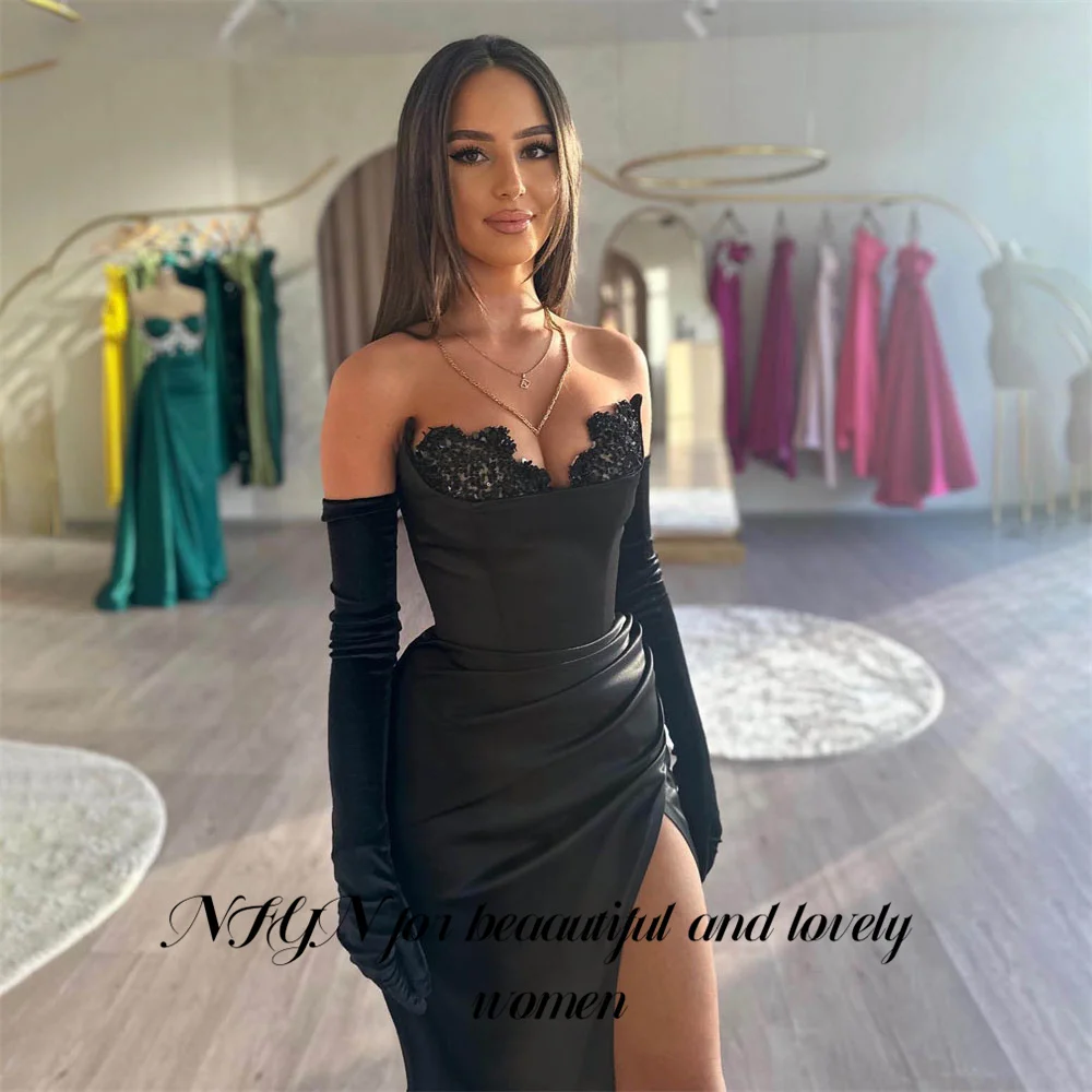 NFYN Off Shoulder Evening Gown Black Elegant Prom Dress Mermaid Sexy Beading Wedding Evening Dress with Slit Gloves Customized