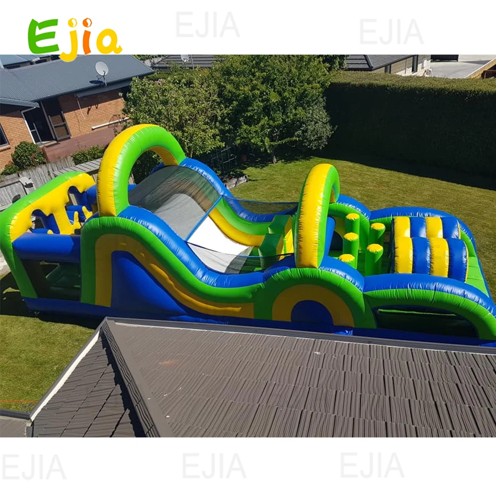 30ft/9m Green /Blue Giant Inflatable Radical Run Obstacle Course with Blower Commercial Grade Interactive Bounce House For Kids
