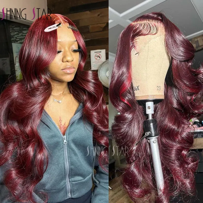 

180 Density 99J Burgundy 13X4 13X6 Hd Body Wave Lace Front Human Hair Wigs 32 Inch Red Colored Lace Frontal Wig For Black Women