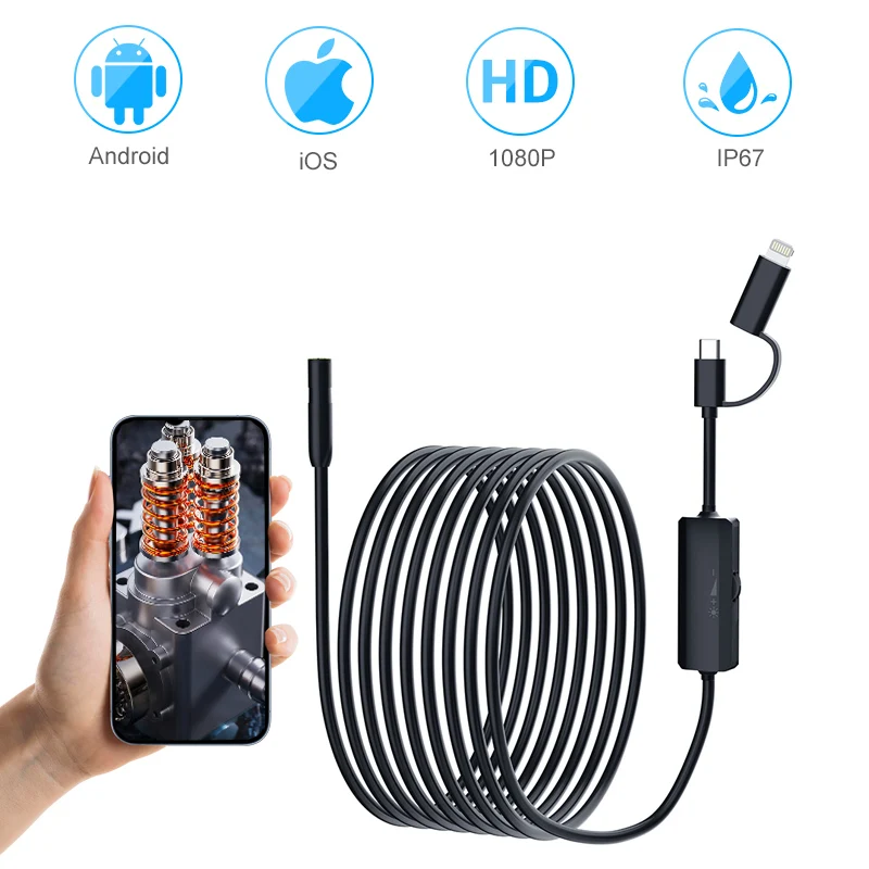 Endoscope Camera with Light 1920P HD 2.0MP Semi-Rigid Snake Camera 8 mm IP67 Waterproof Inspection Camera For IOS Android