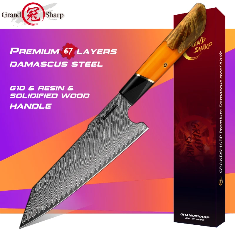 

Grandsharp Premium Kitchen Knives Chef Knife Japanese Kiritsuke AUS10 Damascus Steel Blade Rose Wood Handle Orange Purple Sheath