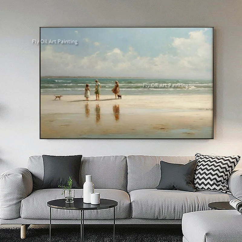 Kids Playing By The Sea Oil Painting Hand Painted Sea Scape Beach Canvas Painting Modern Wall Art For Living Room Bedroom Decor