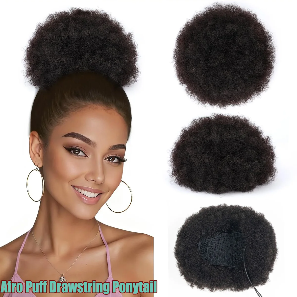 

Fluffy Afro Kinky Puffs Drawstring Ponytail Extensions 100% Human Hair Kinky Curly Clip in Hair Extensions 8 inch 70g Color 1B#