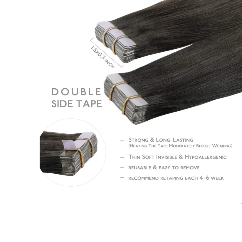 Extensiones de cabello humano liso para mujer, cinta de cabello brasileño en Color #1 # 1B, 50g por paquete, 20 piezas