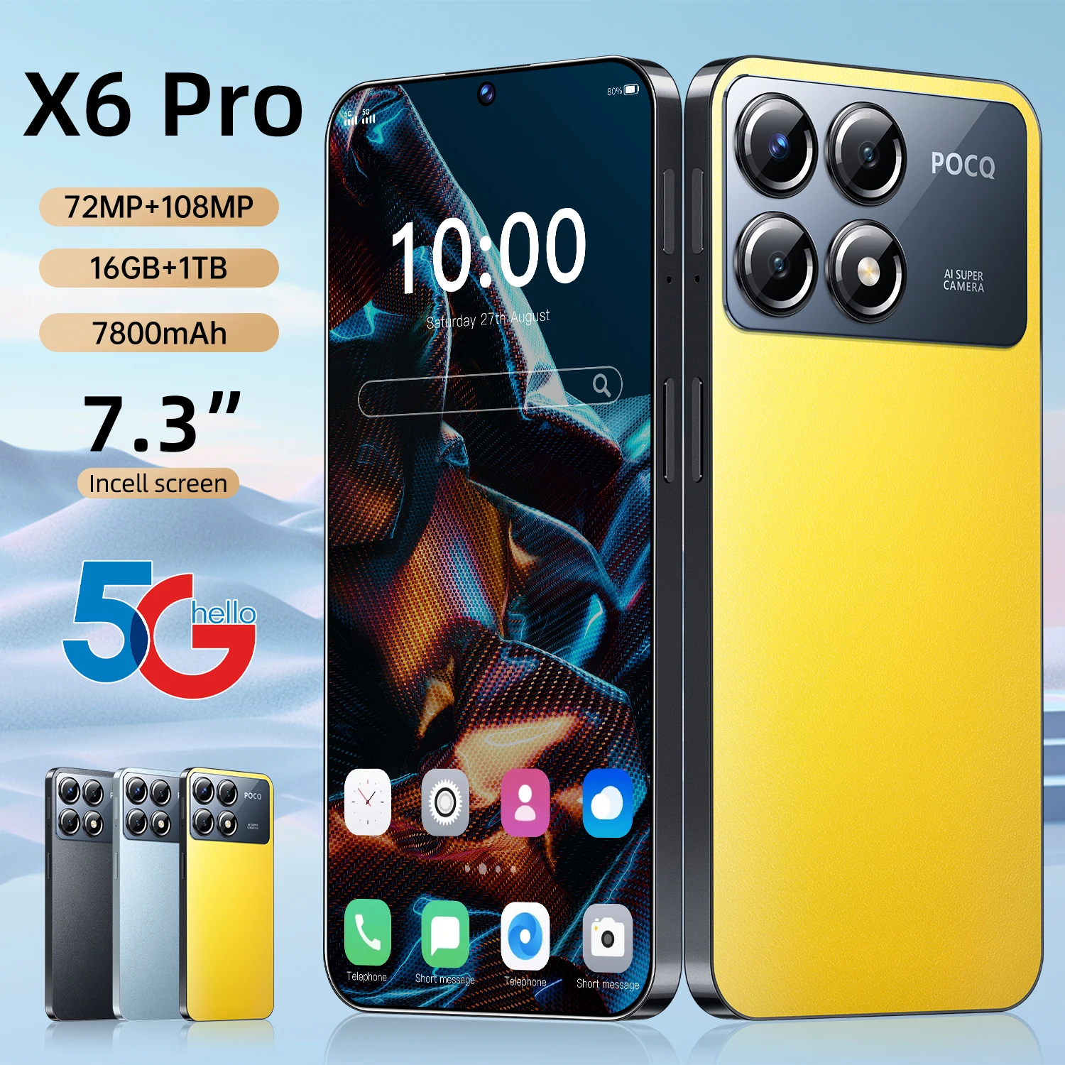 

X6 Pro Smartphone 5G 7.3 inch HD 22G+2TB Cell Phone Dual SIM Mobile Phones 7800mAh Cellphones Unlocked Global Version Celulares