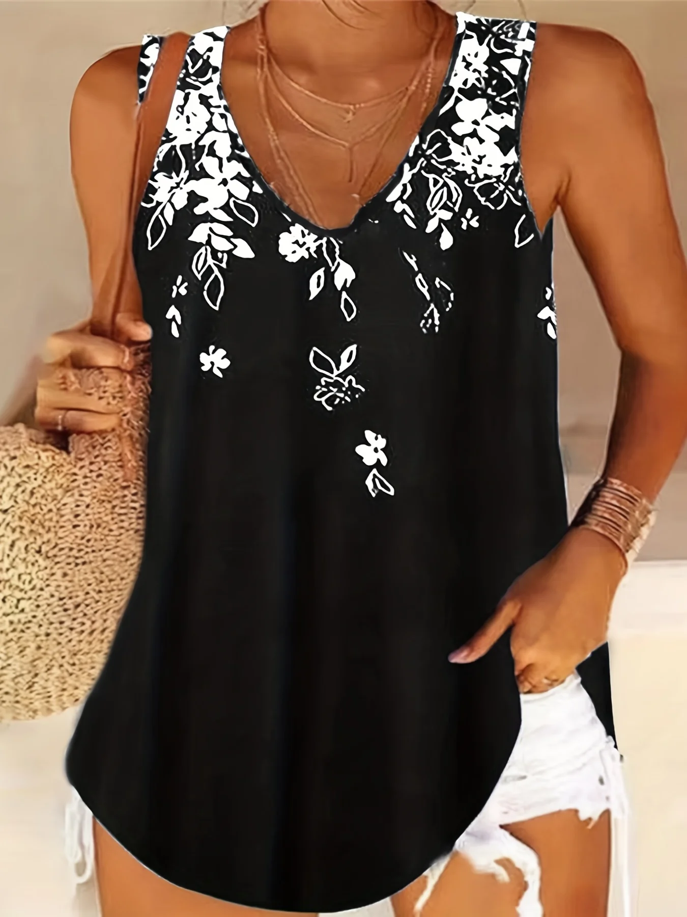 Womens V Neck Camis Sleeveless Tank Tops Summer Blouse Loose Casual Floral Patterned Shirt