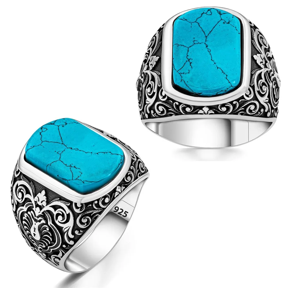 Elegant Stamped Solid 925 Sterling Silver Ottoman Motif Turquoise Stone Men's Ring Punk Chic Accessory Handmade Jewelry Gift