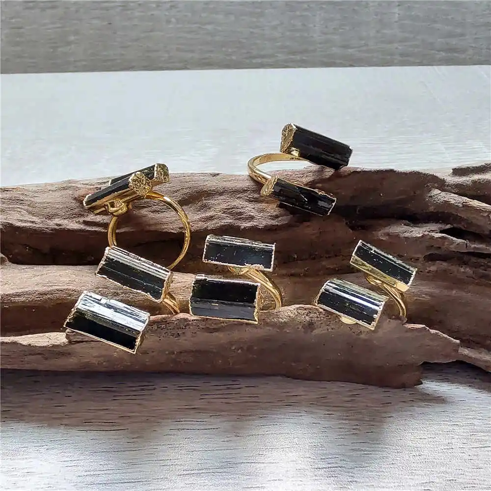 FUWO Wholesale Raw Green Black Tourmaline Ring,Golden Plated Healing Crystal Double Stone Design Jewelry For Women 5Pc/Lot RG045