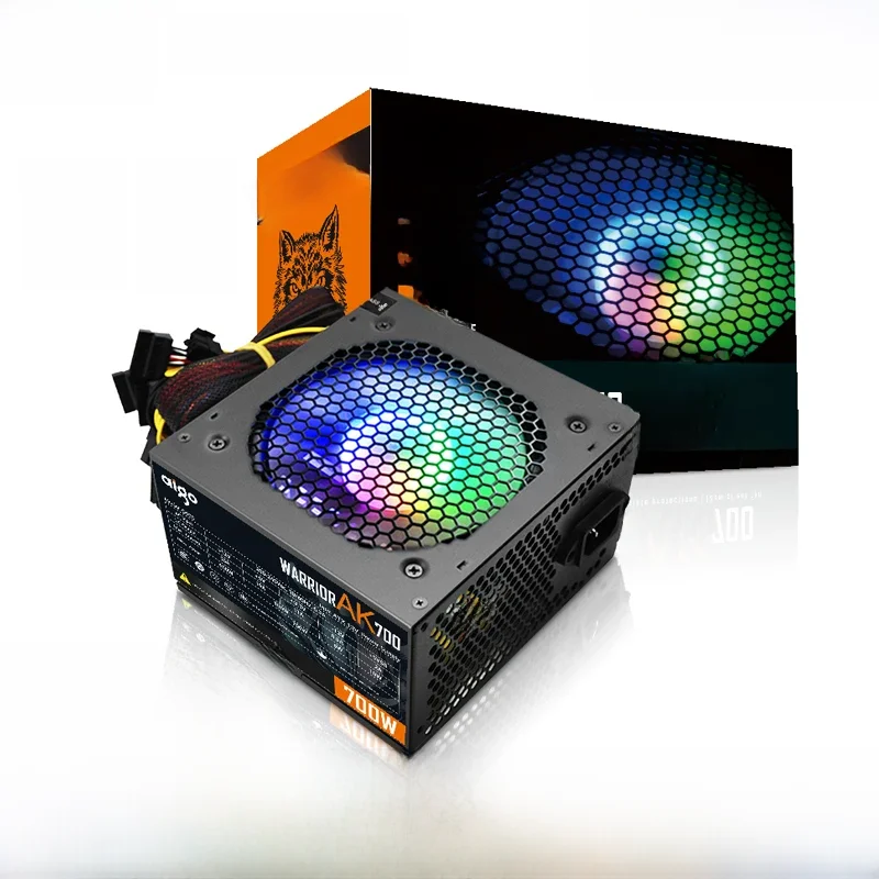 Aigo-Bloc d'alimentation PC PSU AK 700W, noir, jeu, silencieux, 120mm, ventilateur RVB, 24 broches, 12V, ATX, alimentation d'ordinateur de bureau pour BTC