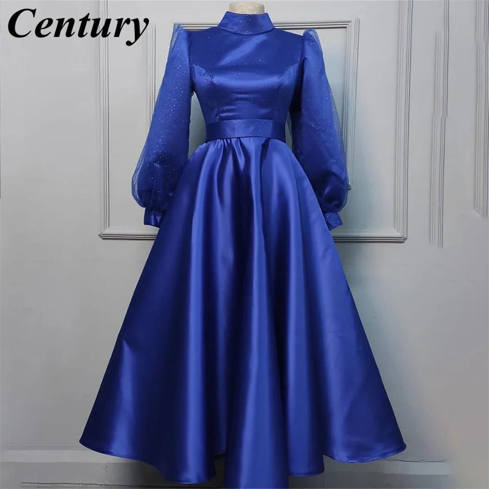 Customized Satin Ball Gown Robe marocaine Elegant Lady High Neck Caftan marocain Vintage Empire Royal Blue Moroccan Muslim Dress