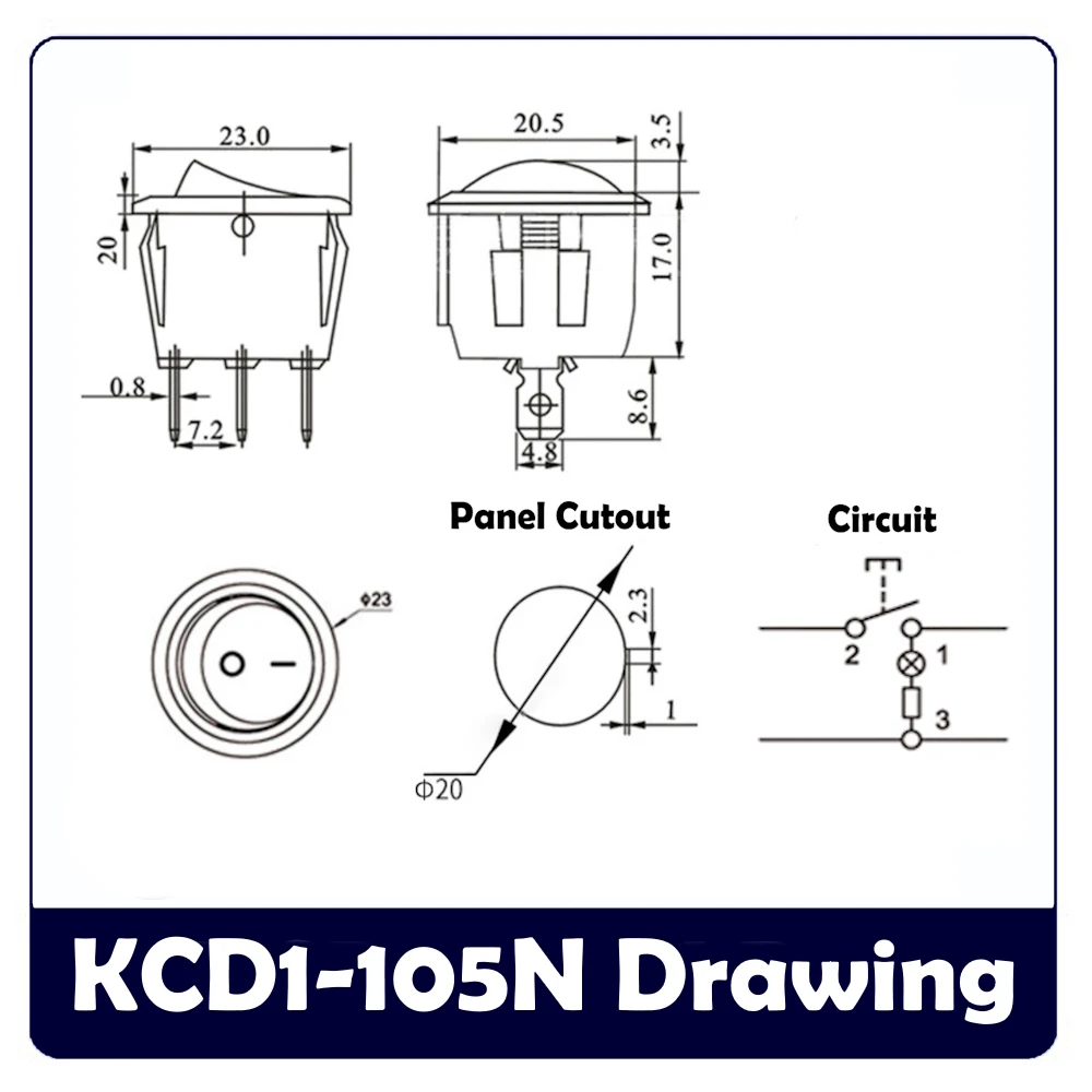KCD1-105N Saklar Rocker ON-OFF dengan Lampu SPST 3 Pin Tembaga 23Mm 6A 250VAC/10A 125VAC