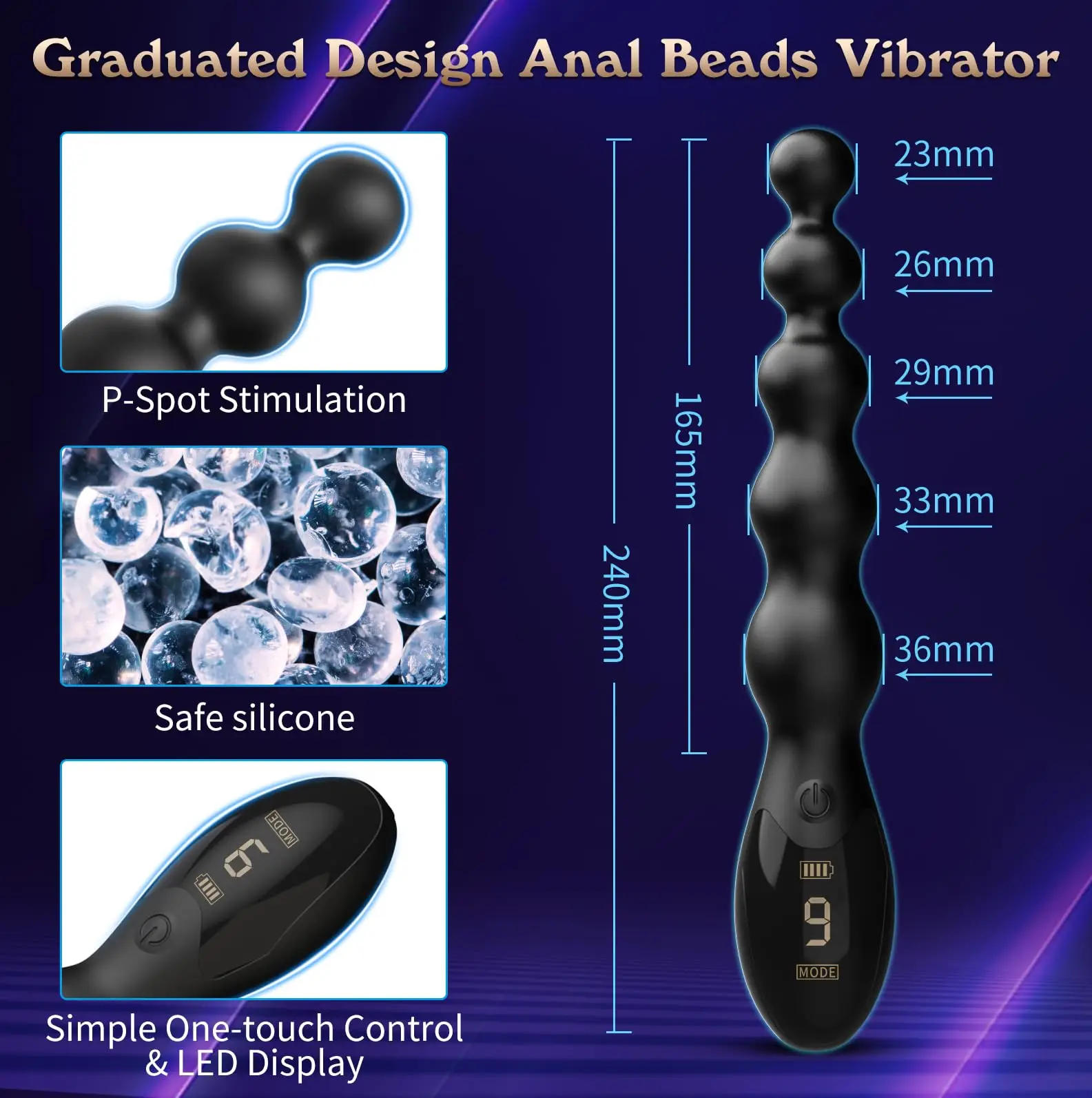 Male Anal Beads Butt Plug - Graduated Anal Vibrator & Prostate Massager with 9 Vibration Modes, Adult Sex Toy for Men