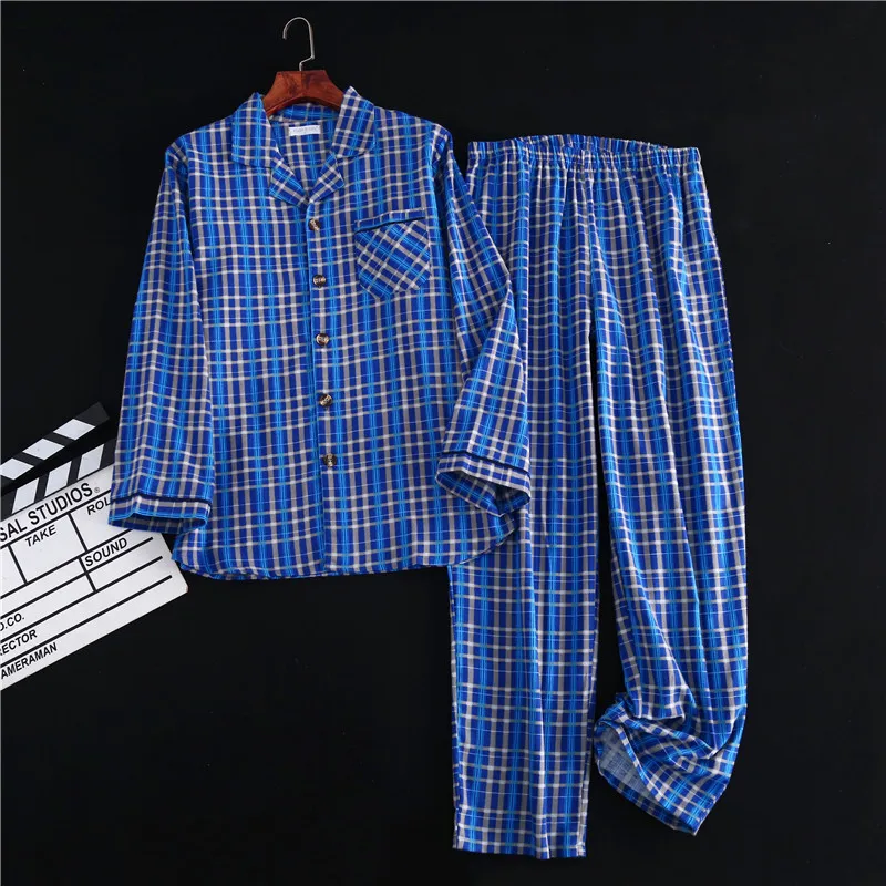 Ensemble de pyjama à carreaux pour hommes, 100% coton, manches longues, pantalon, cardigan, grande taille, vêtements de maison, printemps, automne, nouveau, 2 pièces