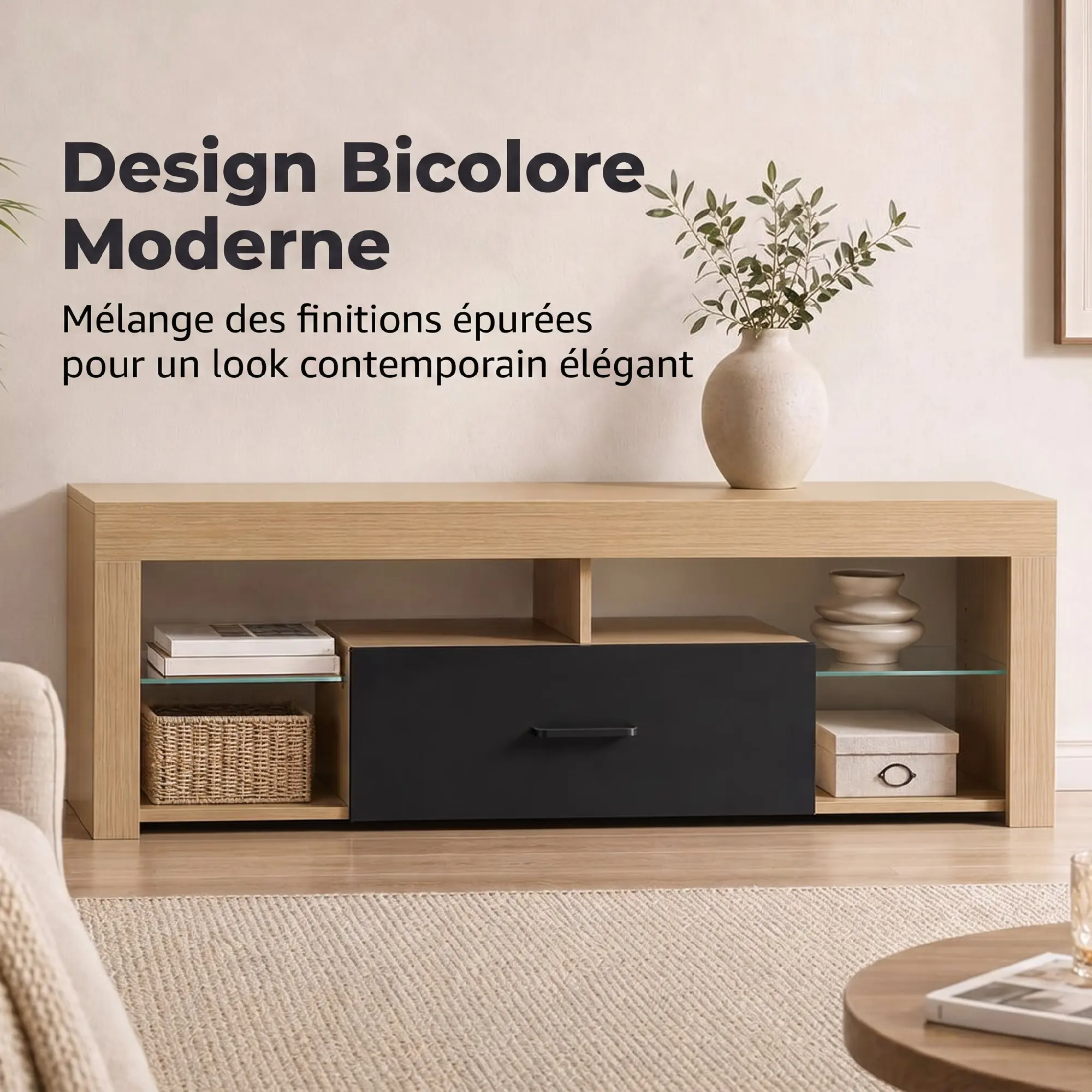 Soporte para TV con efecto madera, estantes de vidrio templado y cajón de almacenamiento, mesa consola multimedia moderna, centro de entretenimiento con exhibición abierta, mueble para TV para sala de estar y dormitorio, mueble para televisión de hasta 55 pulgadas