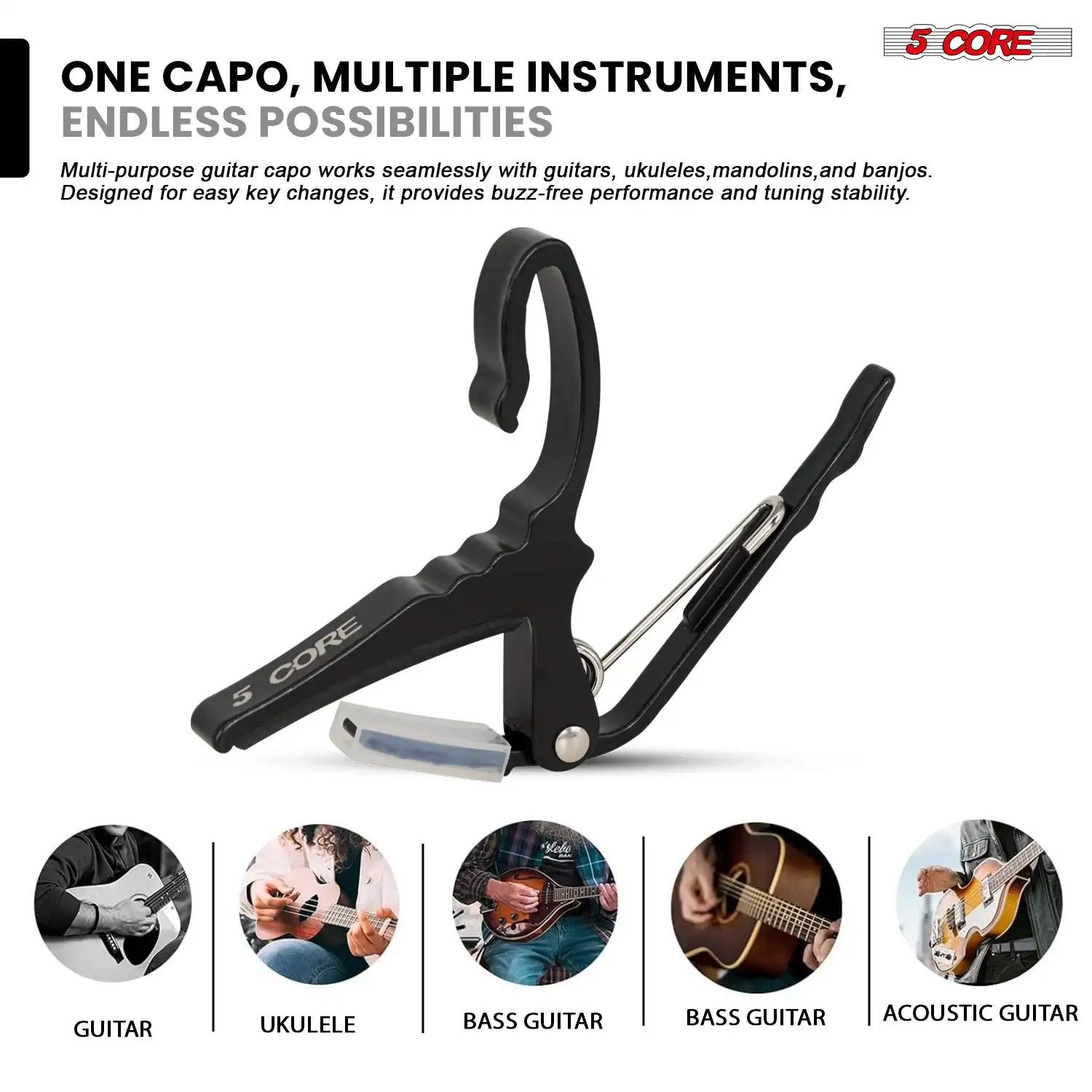 Klips do gitary akustycznej elektrycznej 5Core Capo + 6 szt. kostek gitarowych celuloidowych + torba do przenoszenia CAPO AL BLK