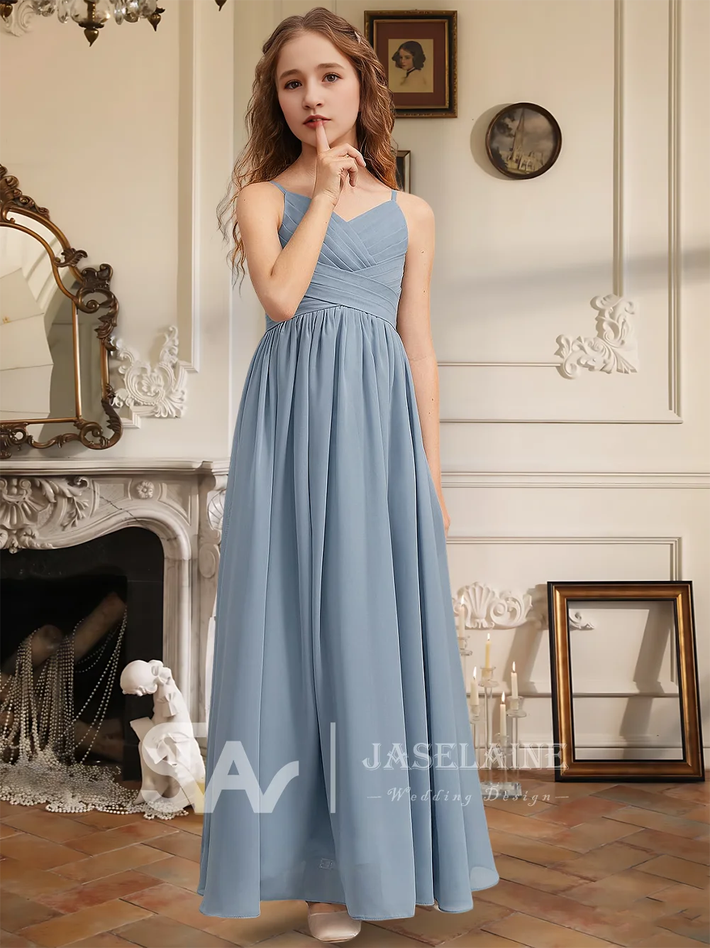 A-Line V-Neck Floor-Length Chiffon Junior Bridesmaid Dress Flower Girl Dress Spaghetti Straps Pleated Girls Party Formal Wedding