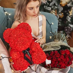 Ours en peluche rose artificielle pour femme, fleur de poubelle rouge, cadeau de Noël, anniversaire de mariage, fête de Léon, 40cm