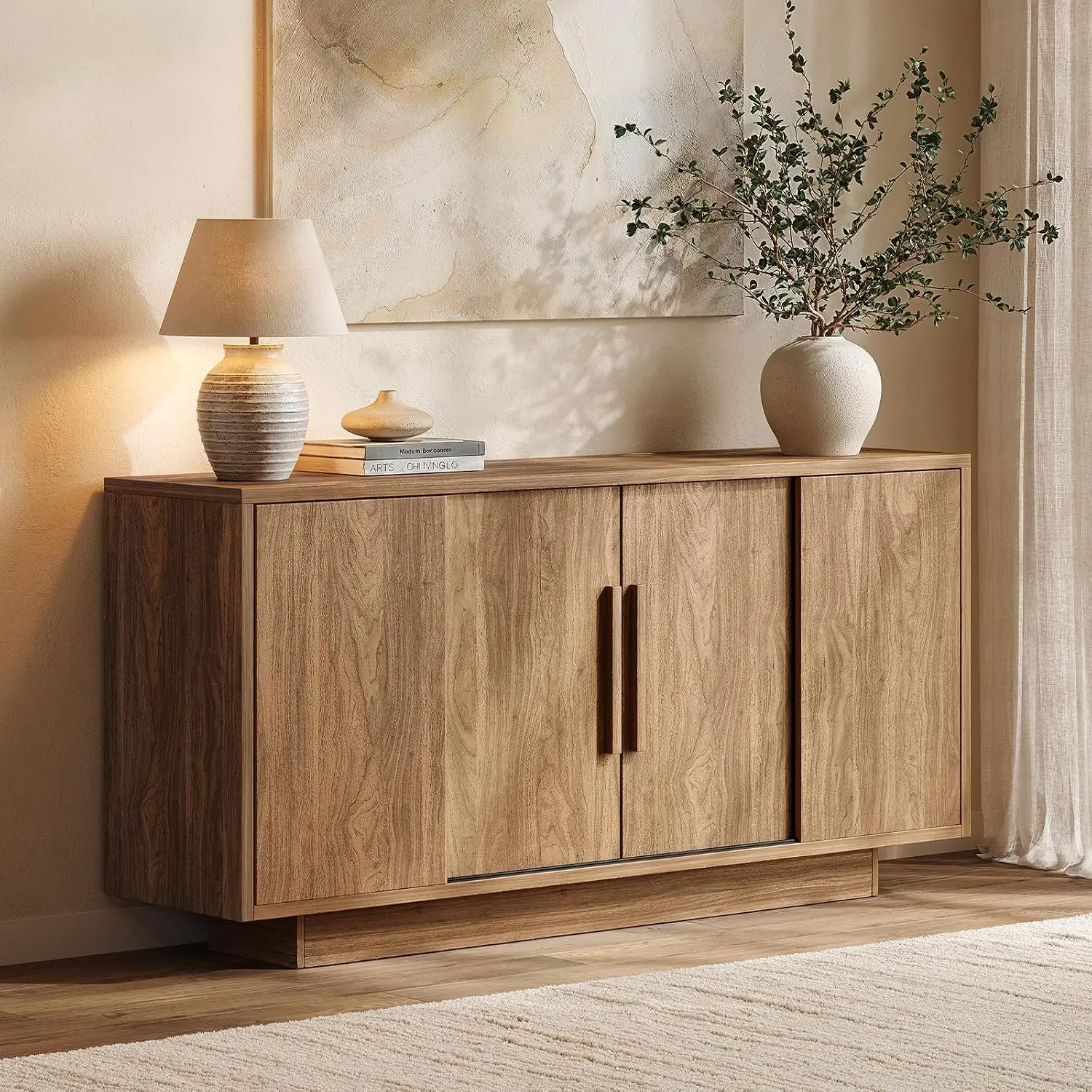 63'' Sideboard Buffet Cabinet With 4 Sliding Doors, Wood Credenza Storage Cabinet With Pedestal Base, Large Side Board with Adjustable Shelf for Living Room, Kitchen, Hallway, Walnut