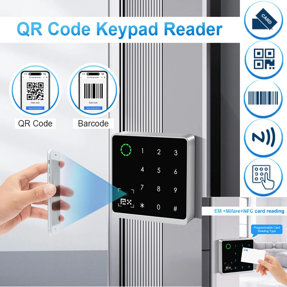 

125KHz Wiegand RS485 Touch Keypad QR Code Bar code Reader Access Control EM Mifare Card PIN IP66 Waterproof