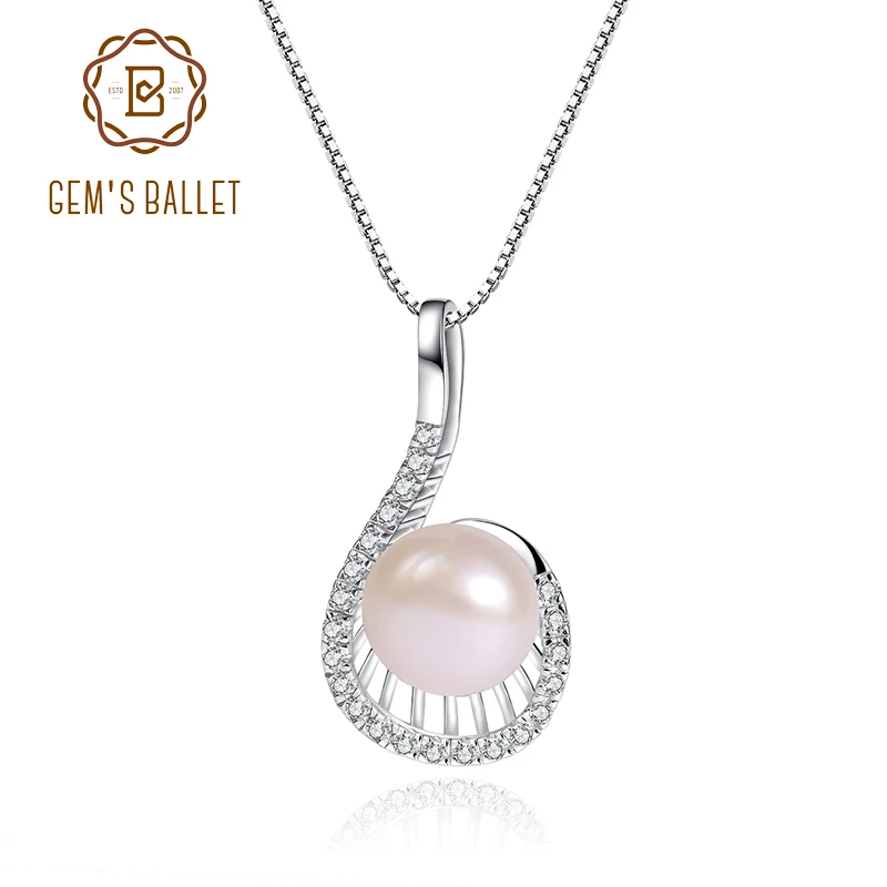 

GEM'S BALLET Pearl Necklace 6.3TCW 10mm White Nautral Fresh-water Pearl Pendant Necklace in 925 Sterling Silver Gift For Her