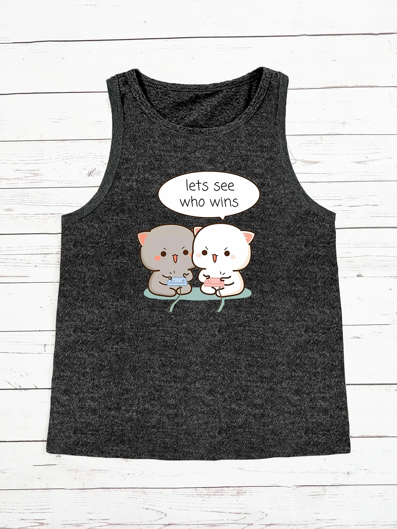 Summer Latest Cat Playing Games Lets See Who Wins Fashion Sports Women's Tank Top Loose O Neck Sleeveless Casual Tank Top