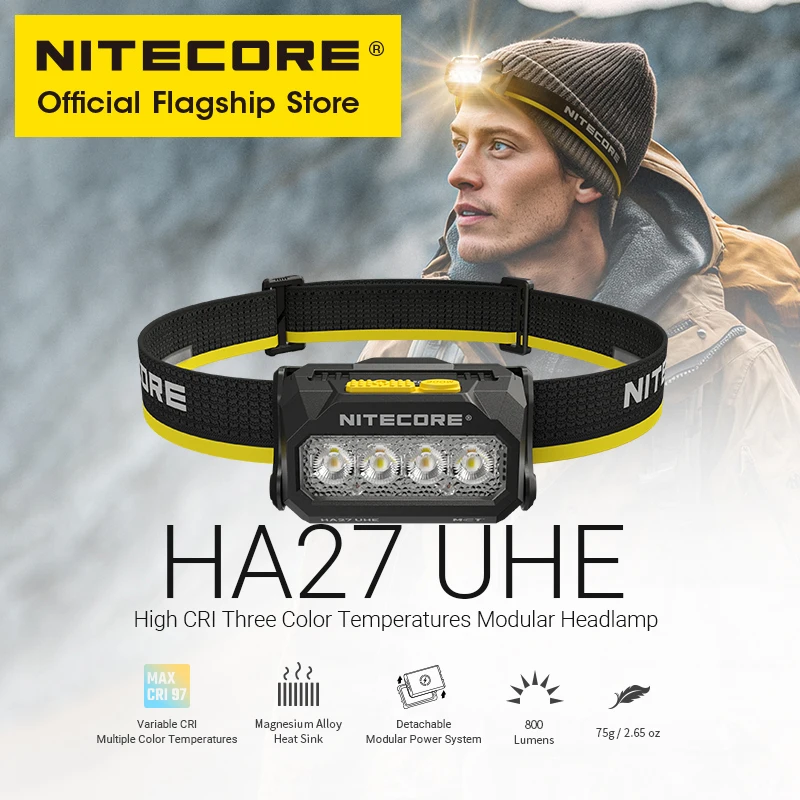 

Модульный налобный фонарь NITECORE HA27 UHE AAA, 3 цветовые температуры, 800 люмен, светодиодная фара с батареей HLB1500 для ночного бега, кемпинга