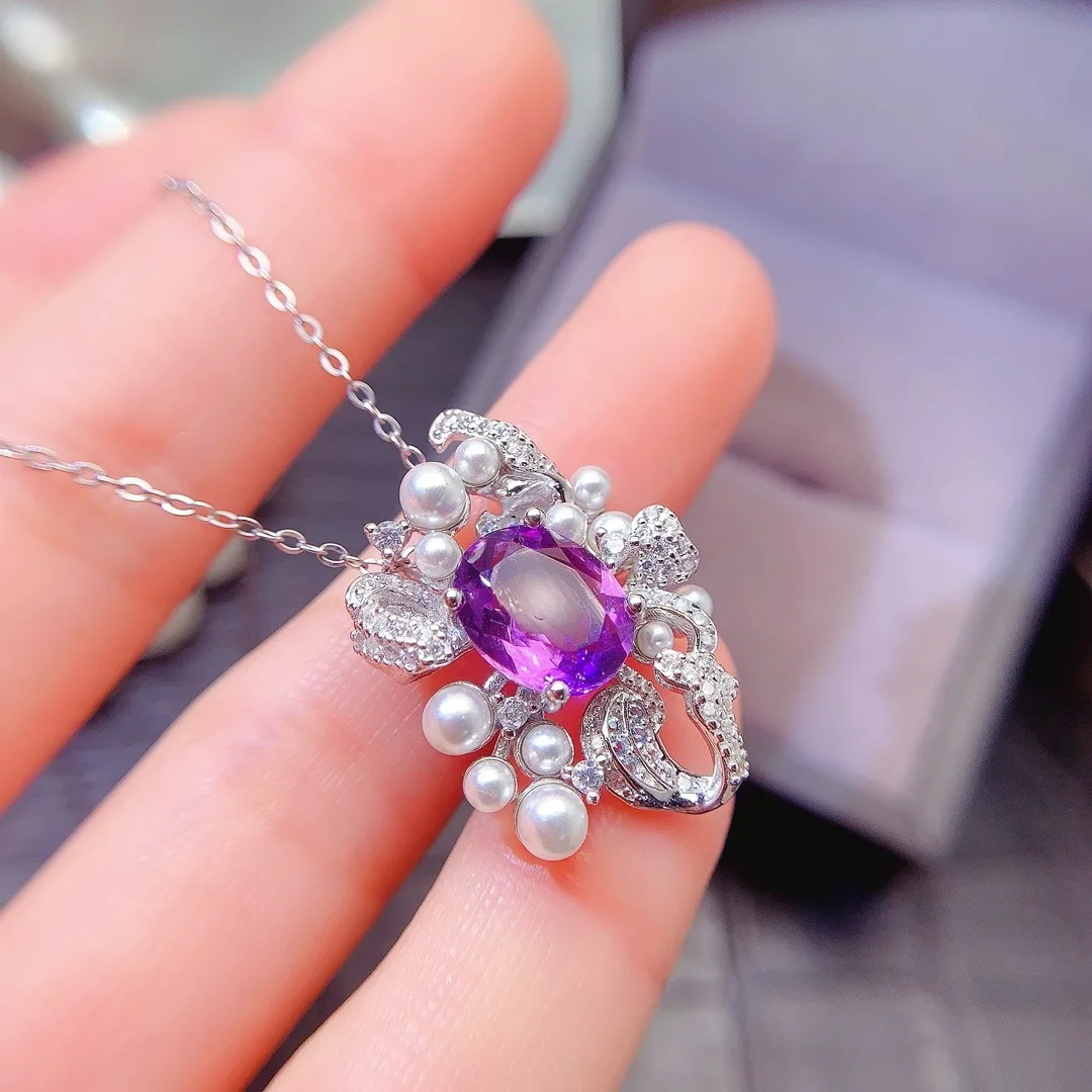 KJJEAXCMY Boutique Jewelry Girls' Natural 8x10mm Amethyst Necklace Pendant 925 Pure Silver Plated Platinum Christmas Gift