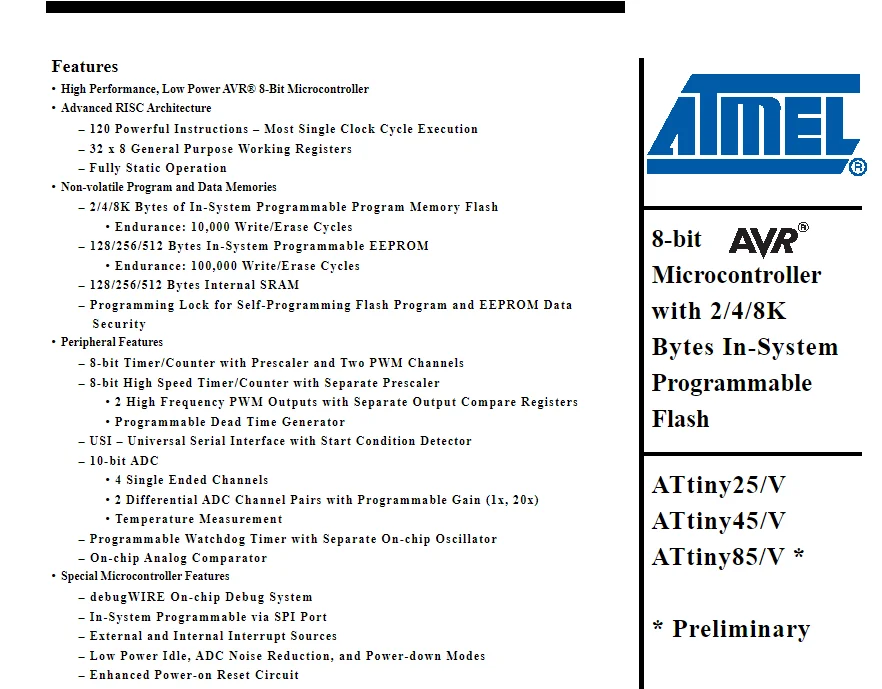 ATTINY45-20XU TSSOP-8 ATTINY45, microcontrolador de 8 bits con 2/4/8KBytes, Flash programable en el sistema, 10 piezas