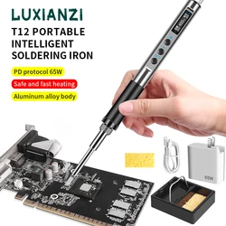 LUXIANZI PD 65W Portable Electric Soldering Iron T12 Adjustable Constant Temperature 9-20V OLED Display Solder Pen Welding Tool