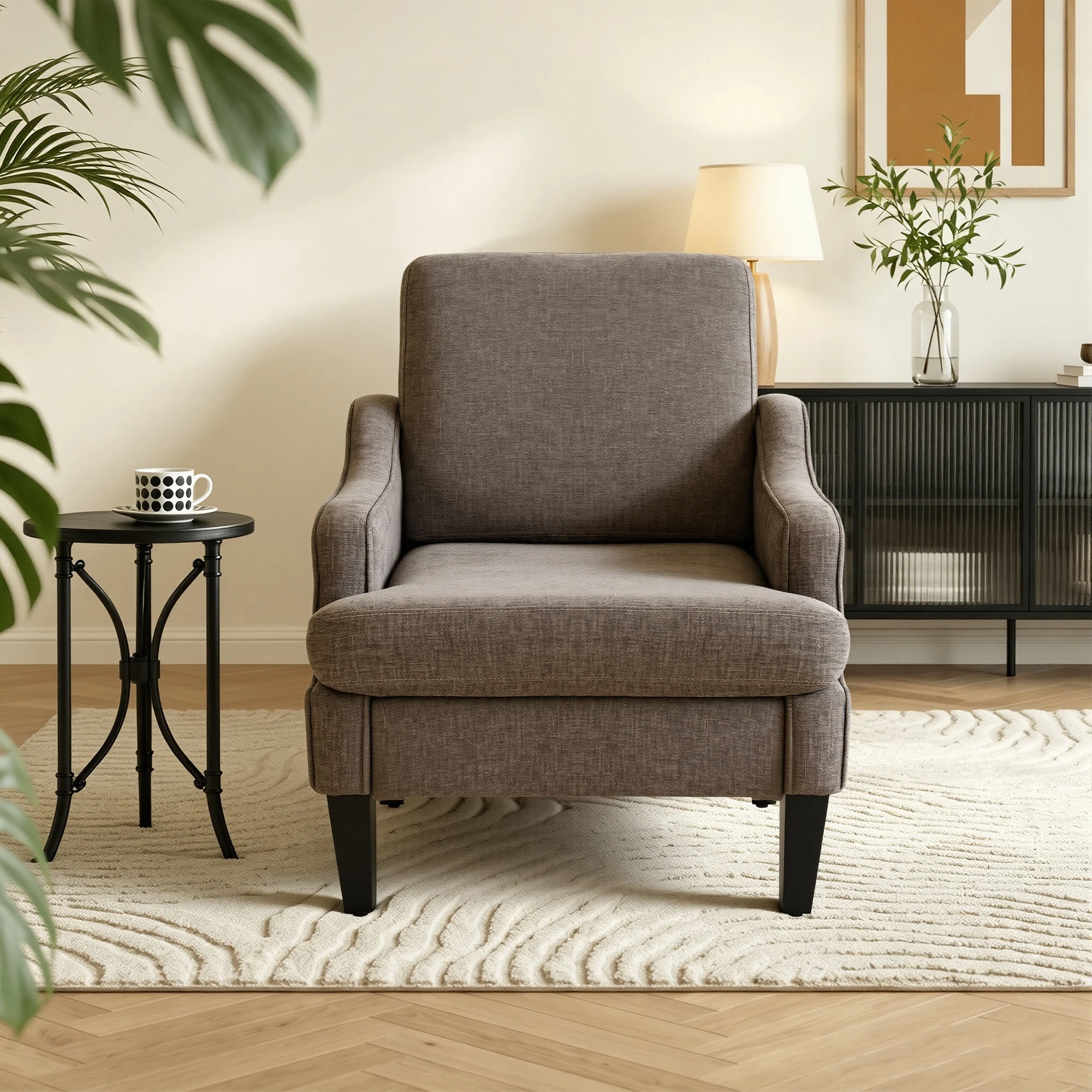Chenille Accent Chair with Armrest, Single Sofa Chair with Side Storage Pocket, Solid Wood Legs High Density Foam Upholstered Armchair for Living Room Bedroom