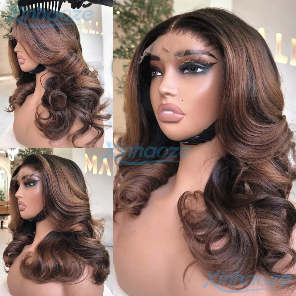 

Highlight #30 Black Mix Colored Body Wavy Glueless 5x5 Silk Top Closure Wigs With Bleached Knots 360/Full Lace Human Hair Wigs