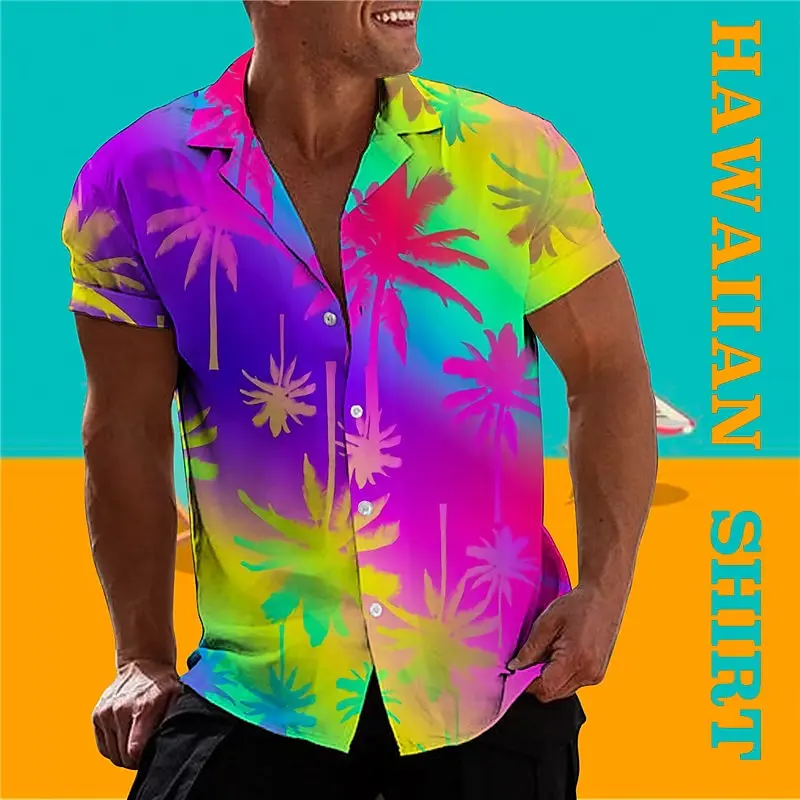 Men\'s shirt Hawaiian shirt gradient coconut pattern print rainbow casual short sleeved button clothing tropical fashion soft