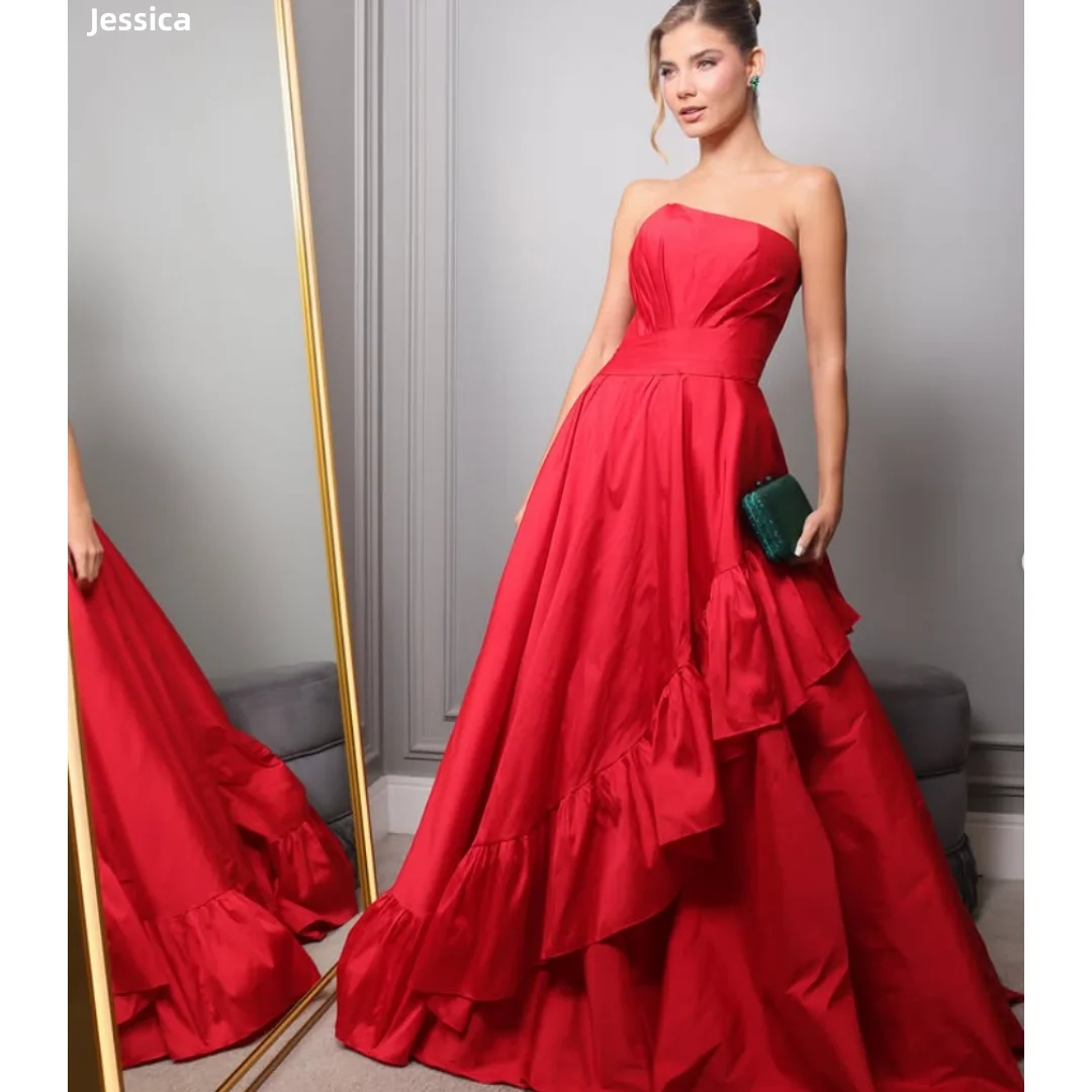 Jessica Exquisite rote Abendkleider mit gekräuseltem Saum, Taft-Abschlussballkleider, schulterfrei, für Damen, Vestidos De Gala, individuell