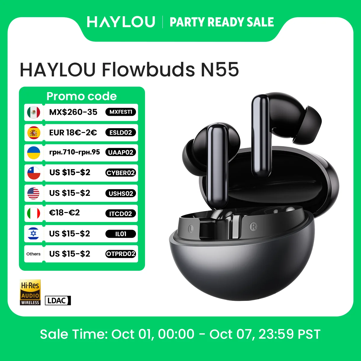 Słuchawki bezprzewodowe HAYLOU Flowbuds N55, adaptacyjna redukcja szumów ANC 54dB, Bluetooth 6.0, LDAC Hi-Res Audio, 6 mikrofonów, HD rozmowy, 40 godzin odtwarzania, IPX5