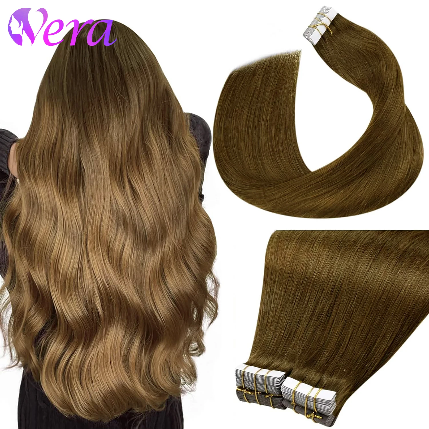 Fita de cabelo humano em extensões para mulheres, trama de pele sem costura, cabelo liso, marrom claro, cor #6, Ins, 40g por pacote